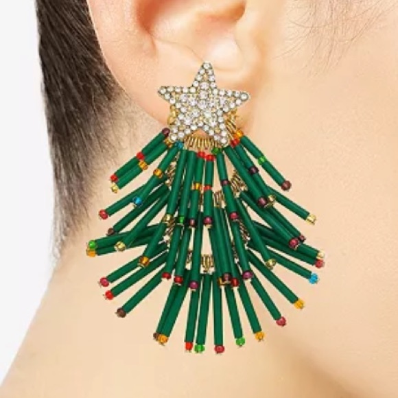 Forest Green Gold-Tone Pavé & Multicolor Bead Holiday Tree Drop Earrings - Picture 2 of 6